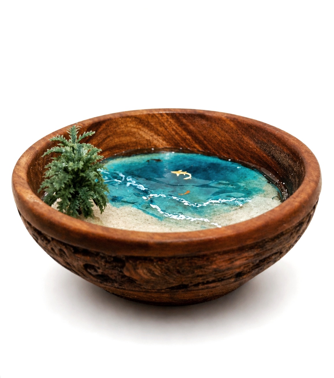 Maldives miniature beach diorama in a handcrafted wooden bowl