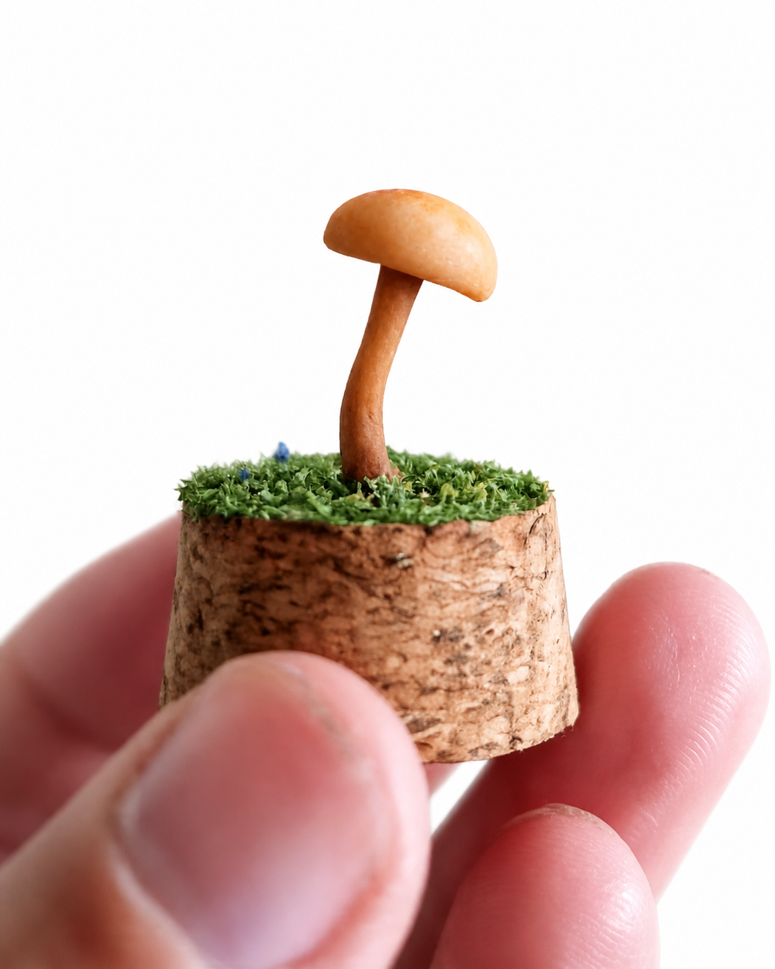 Miniature yellow mushroom ornament under a glass cloche — handcrafted woodland display piece
