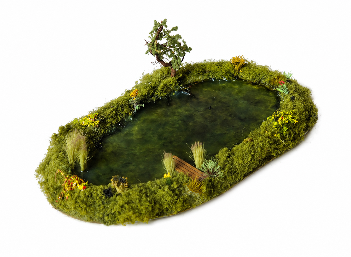 Handcrafted OO gauge pond (1:76 scale) — layered resin water effect with natural banks and vegetation, ready to place on a model railway layout