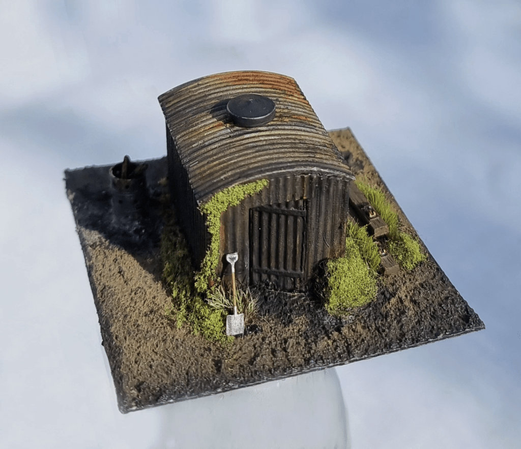 Corrugated lineside hut scene with animated brazier, OO Gauge
