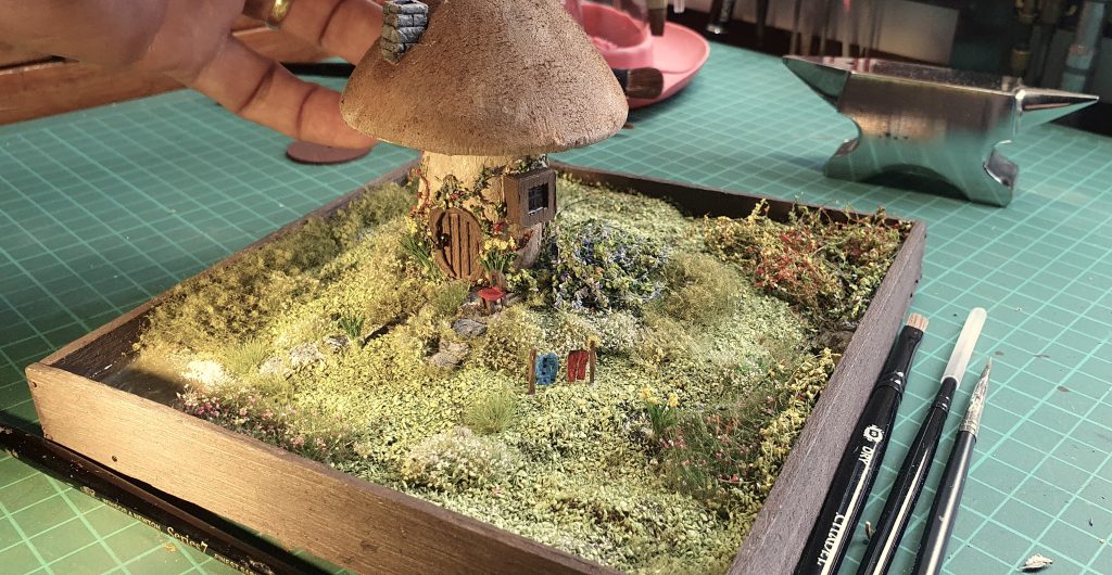 Fairy toadstool home miniature diorama — an example of a fantasy commission from Little World Workshop