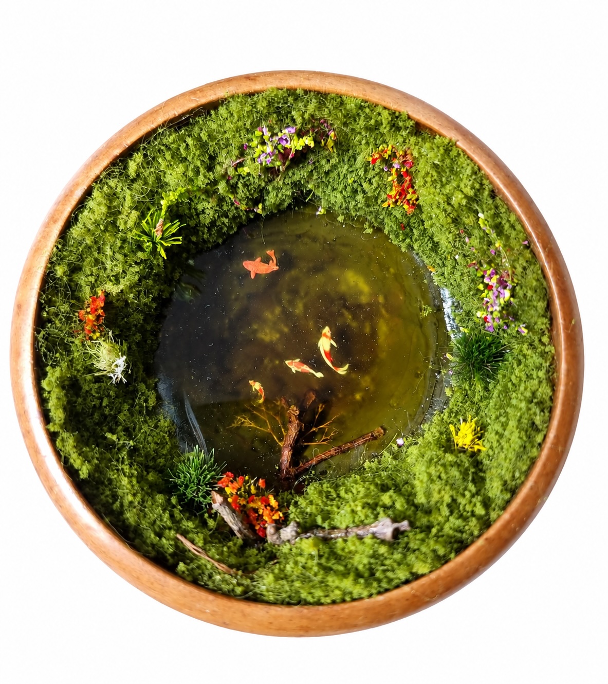 Fish pond miniature diorama in a handcrafted wooden bowl — a Little World Piece