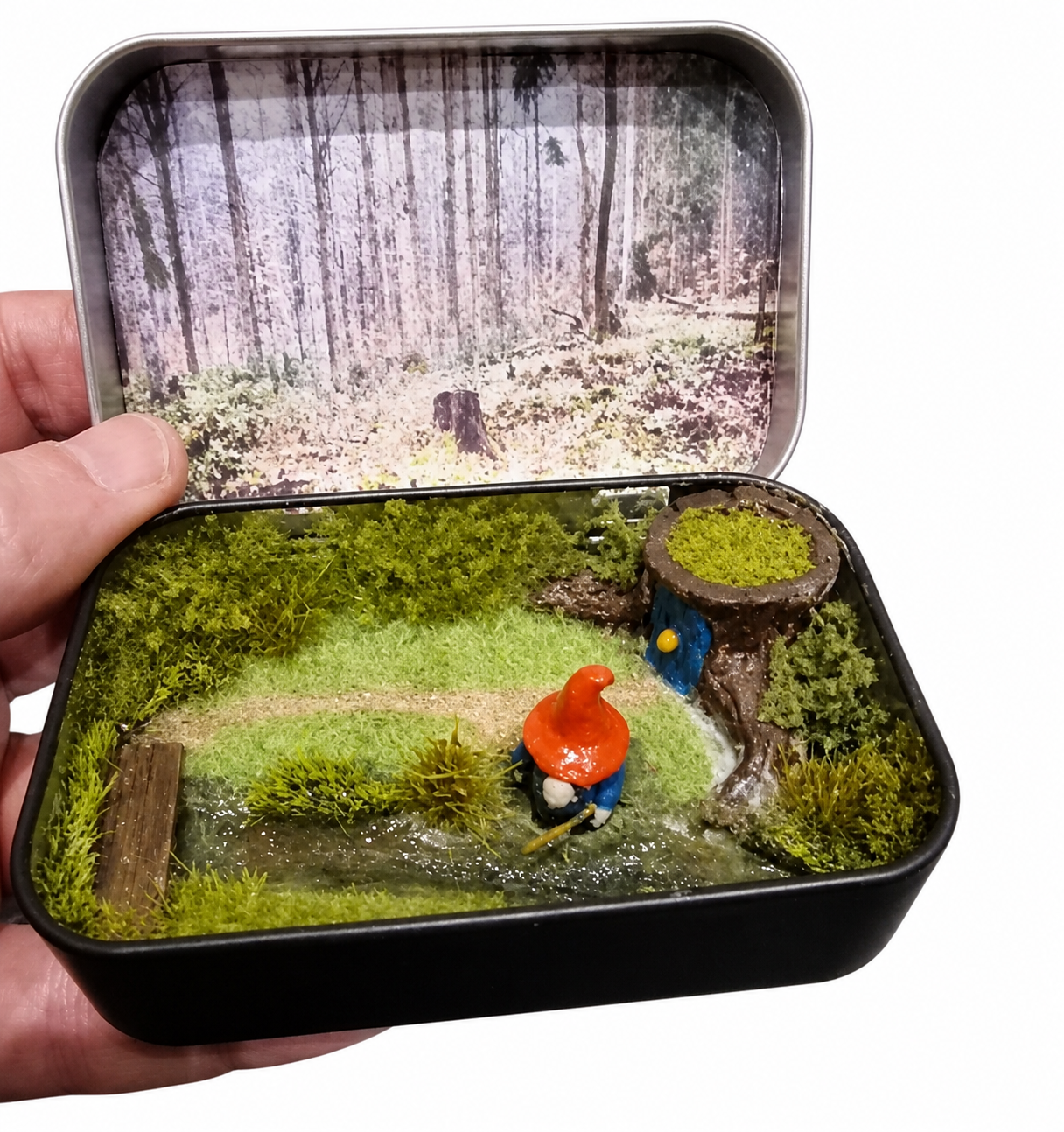 Gnome in a Tin — handcrafted miniature diorama, Workshop Originals